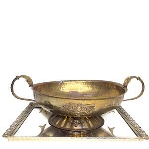 Vtg MCM Solid Brass Hammered Footed Center Bowl Decorative Bowl Double Handle